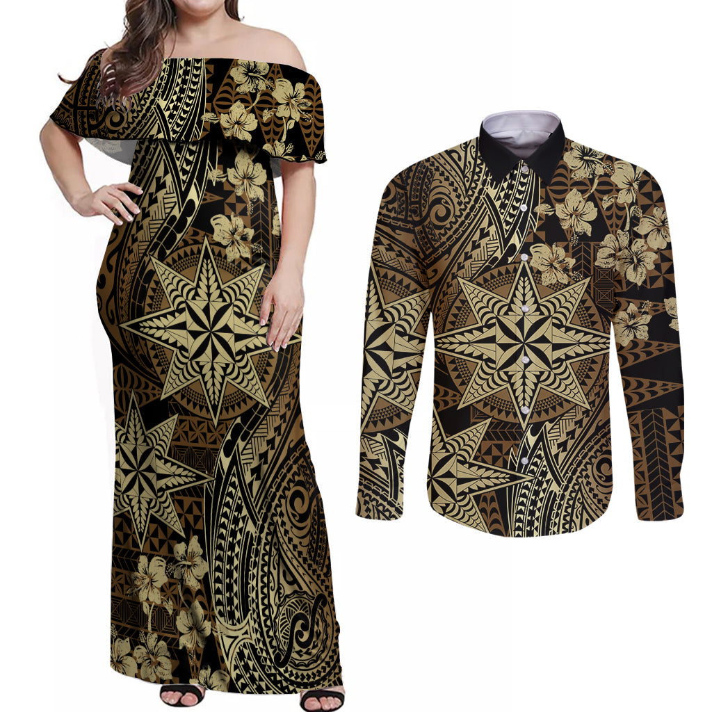 Vintage Tonga Tribal Ngatu Pattern Couples Matching Off Shoulder Maxi Dress and Long Sleeve Button Shirt With Pacific Floral Brown Art