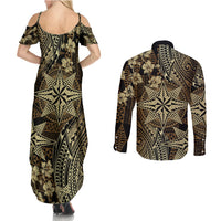 Vintage Tonga Tribal Ngatu Pattern Couples Matching Summer Maxi Dress and Long Sleeve Button Shirt With Pacific Floral Brown Art LT9 - Polynesian Pride
