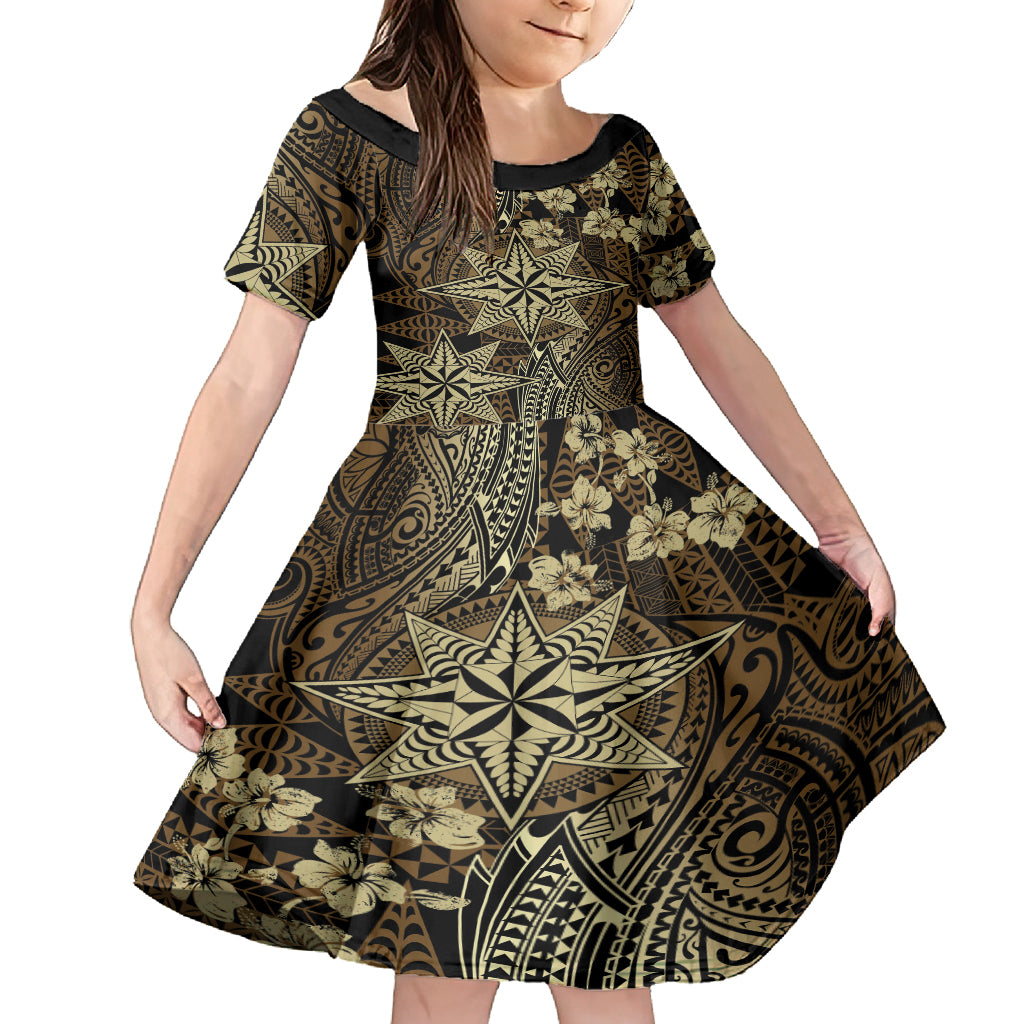 Vintage Tonga Tribal Ngatu Pattern Family Matching Long Sleeve Bodycon Dress and Hawaiian Shirt With Pacific Floral Brown Art LT9 Daughter's Dress Brown - Polynesian Pride