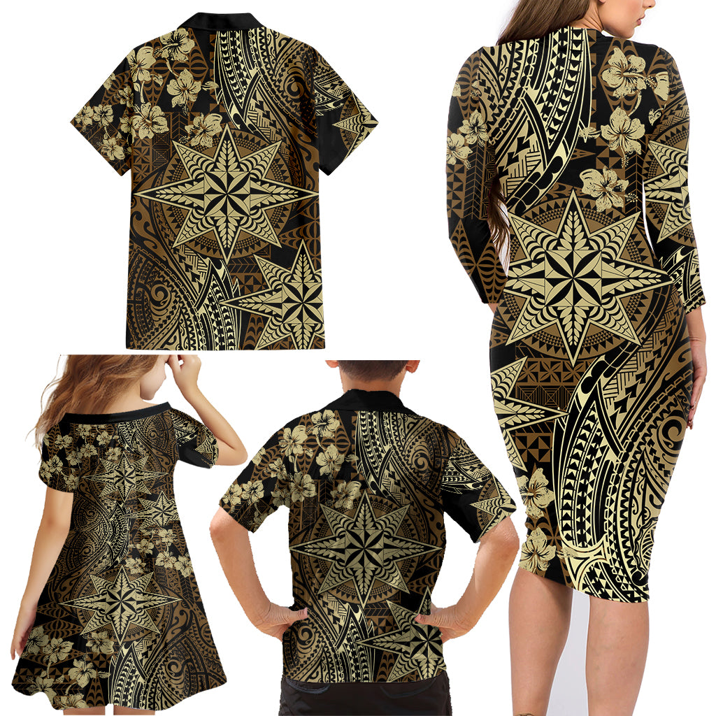 Vintage Tonga Tribal Ngatu Pattern Family Matching Long Sleeve Bodycon Dress and Hawaiian Shirt With Pacific Floral Brown Art LT9 - Polynesian Pride