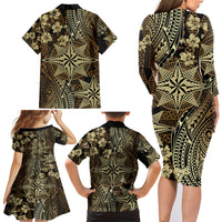 Vintage Tonga Tribal Ngatu Pattern Family Matching Long Sleeve Bodycon Dress and Hawaiian Shirt With Pacific Floral Brown Art LT9 - Polynesian Pride