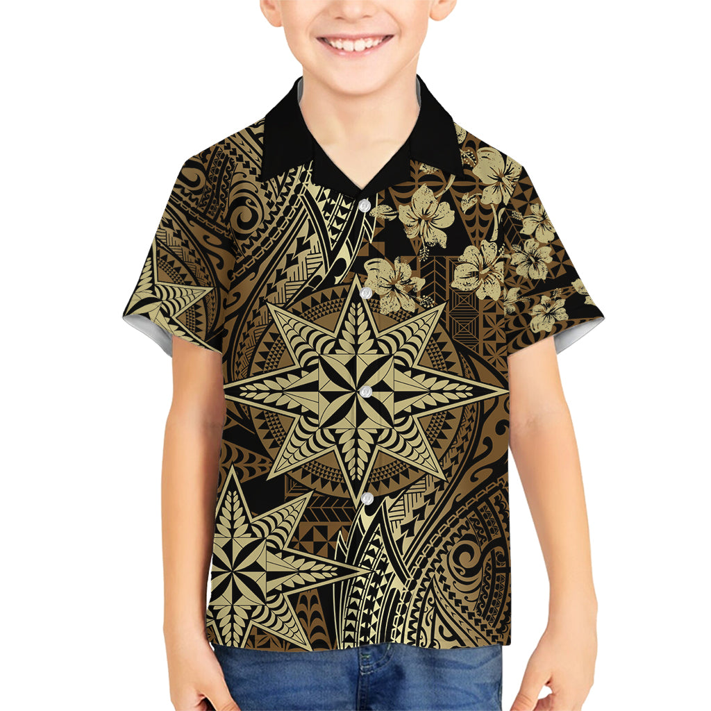 Vintage Tonga Tribal Ngatu Pattern Family Matching Long Sleeve Bodycon Dress and Hawaiian Shirt With Pacific Floral Brown Art LT9 Son's Shirt Brown - Polynesian Pride