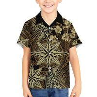 Vintage Tonga Tribal Ngatu Pattern Family Matching Long Sleeve Bodycon Dress and Hawaiian Shirt With Pacific Floral Brown Art LT9 Son's Shirt Brown - Polynesian Pride