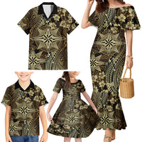 Vintage Tonga Tribal Ngatu Pattern Family Matching Mermaid Dress and Hawaiian Shirt With Pacific Floral Brown Art LT9 - Polynesian Pride