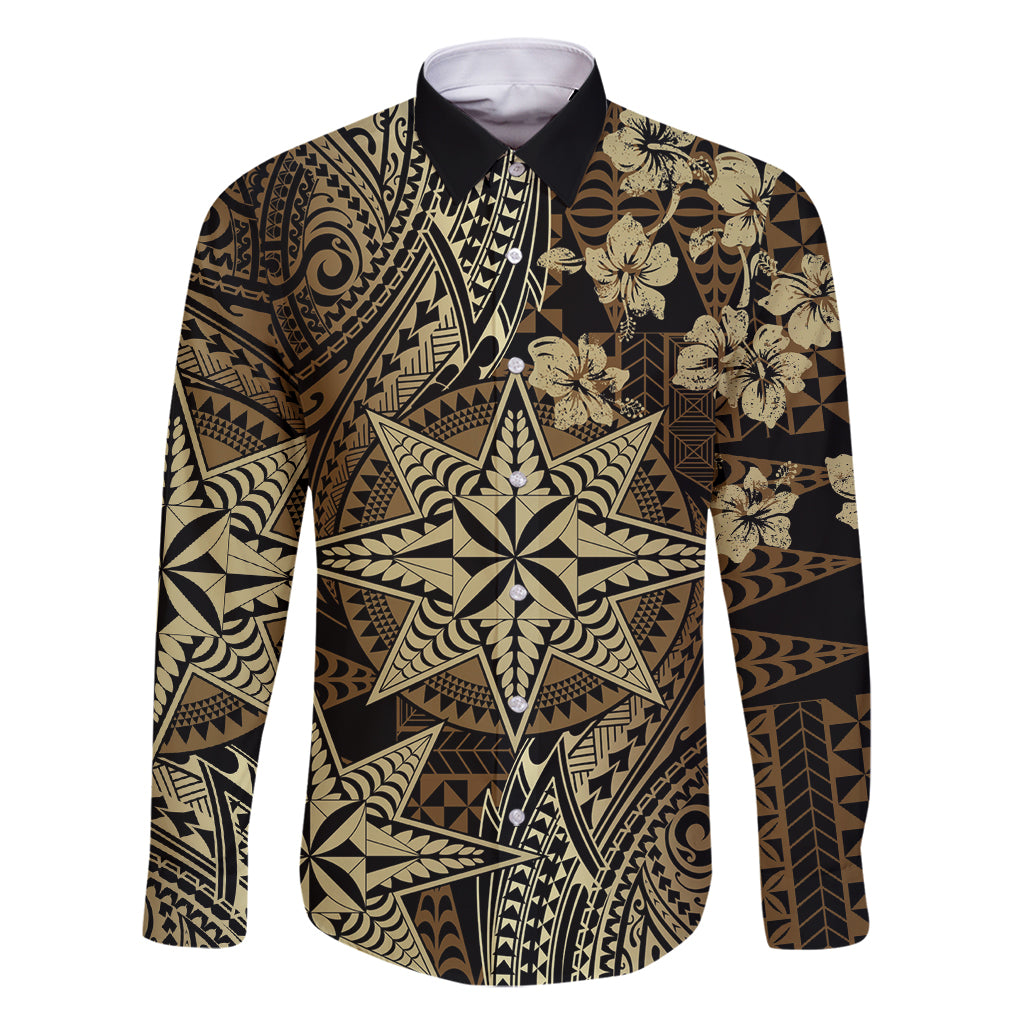 Vintage Tonga Tribal Ngatu Pattern Family Matching Mermaid Dress and Hawaiian Shirt With Pacific Floral Brown Art LT9 Dad's Shirt - Long Sleeve Brown - Polynesian Pride