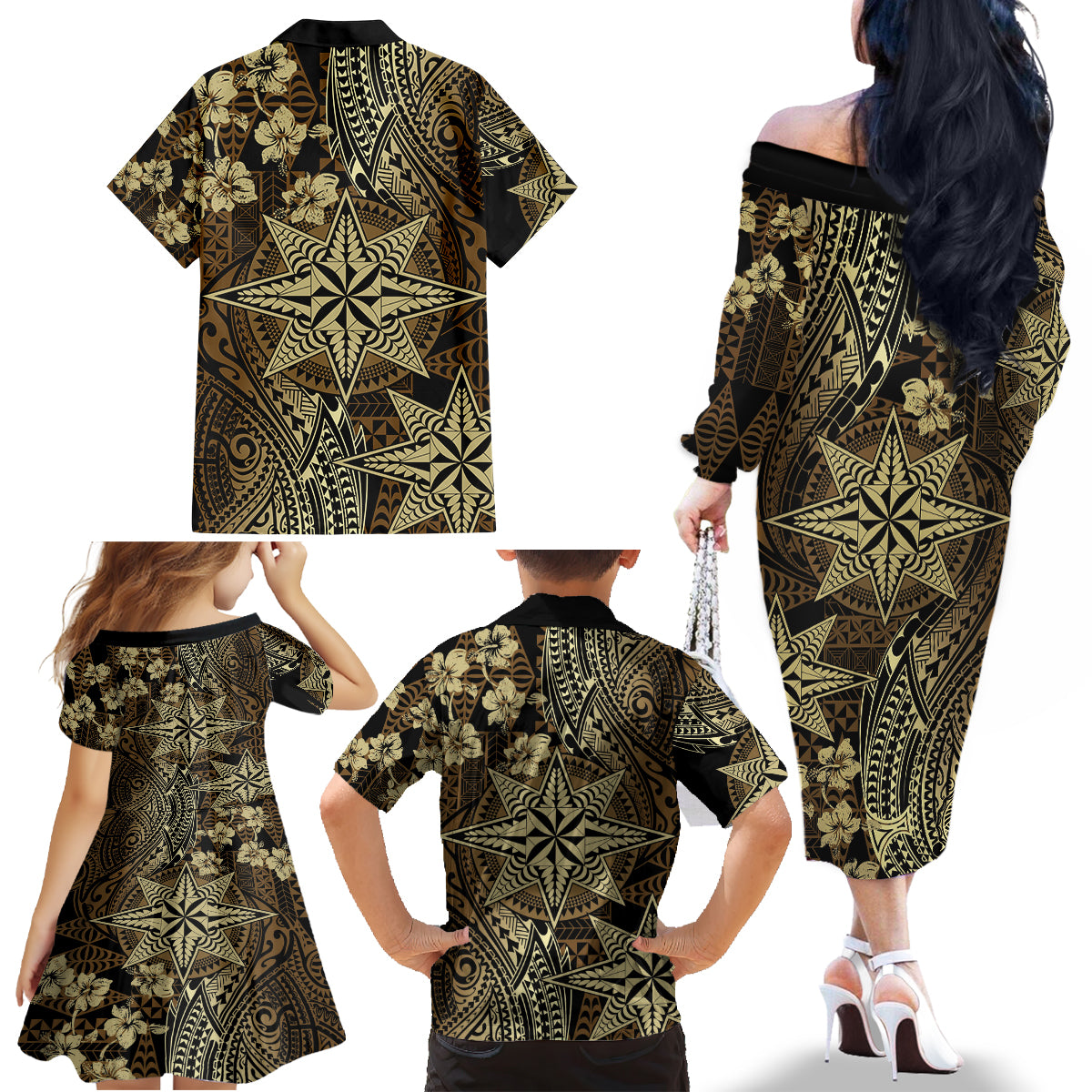 Vintage Tonga Tribal Ngatu Pattern Family Matching Off The Shoulder Long Sleeve Dress and Hawaiian Shirt With Pacific Floral Brown Art