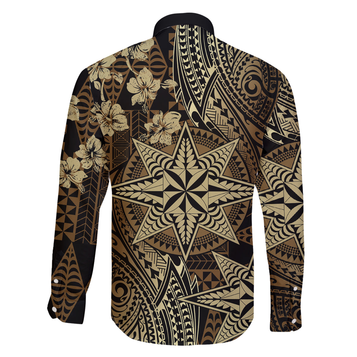 Vintage Tonga Tribal Ngatu Pattern Family Matching Off The Shoulder Long Sleeve Dress and Hawaiian Shirt With Pacific Floral Brown Art