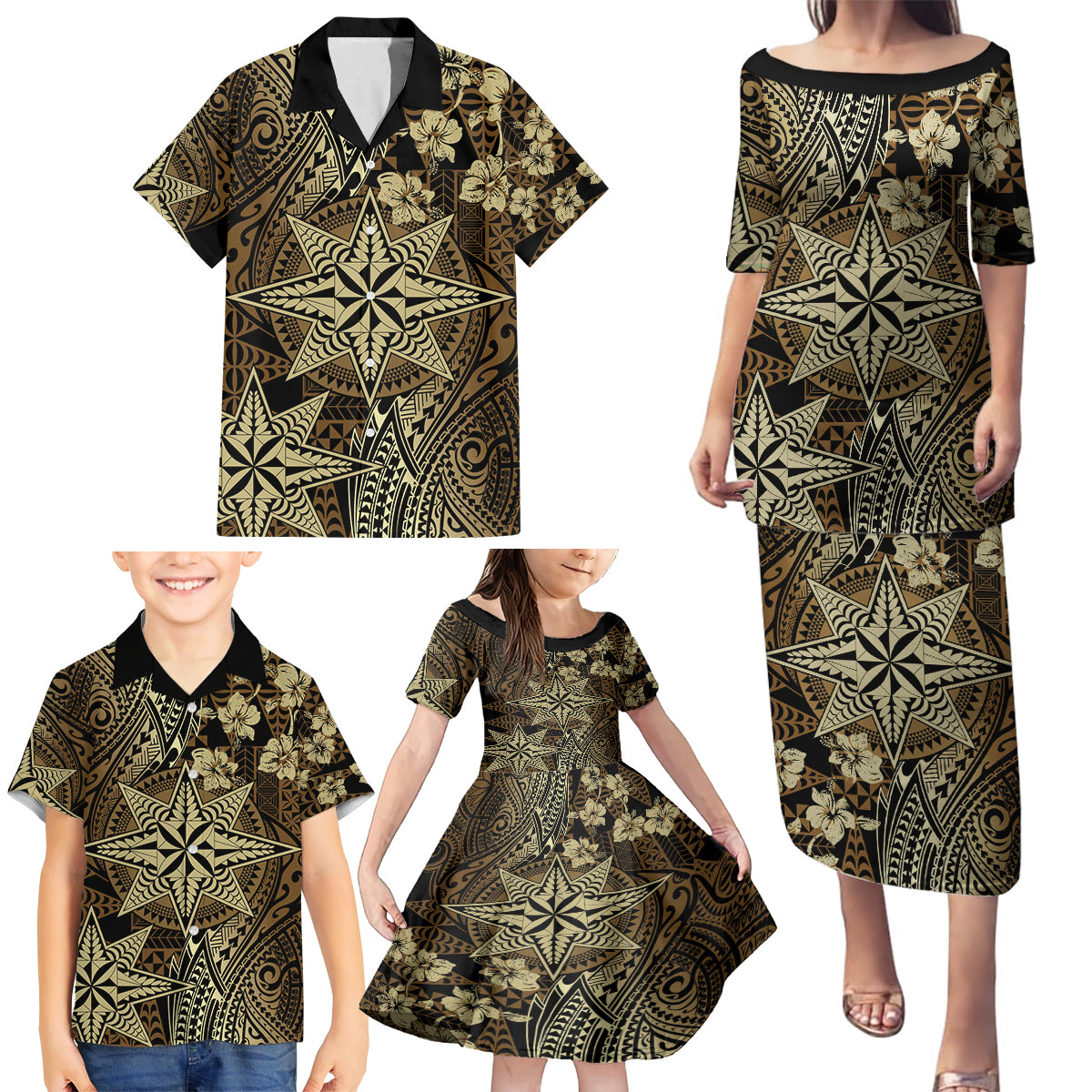 Vintage Tonga Tribal Ngatu Pattern Family Matching Puletasi and Hawaiian Shirt With Pacific Floral Brown Art LT9 - Polynesian Pride