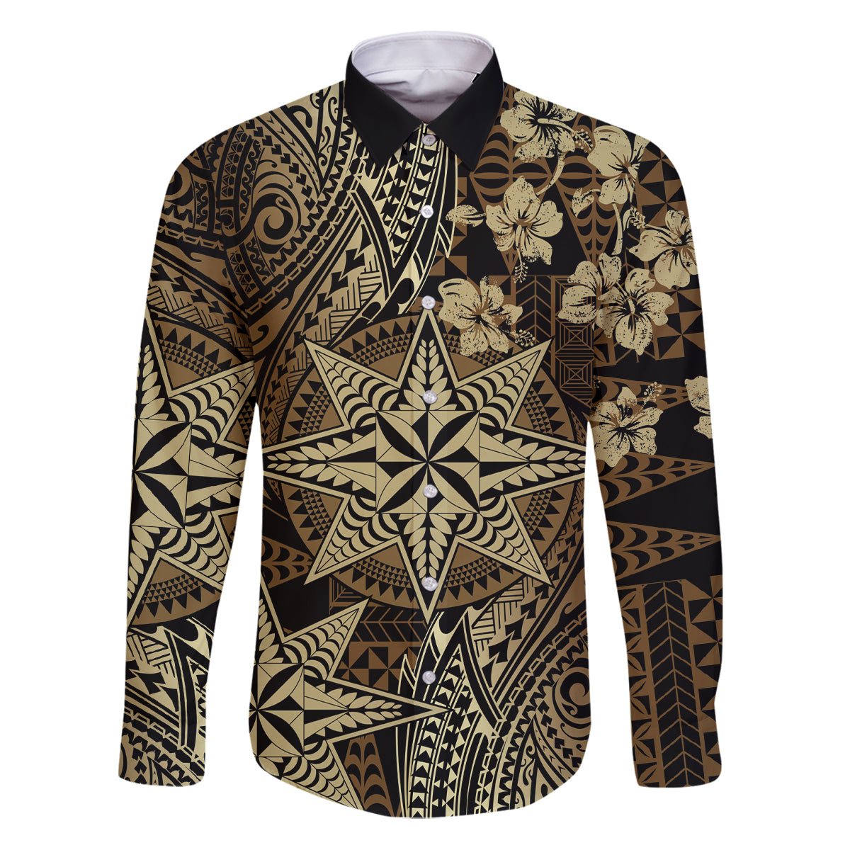 Vintage Tonga Tribal Ngatu Pattern Family Matching Puletasi and Hawaiian Shirt With Pacific Floral Brown Art LT9 Dad's Shirt - Long Sleeve Brown - Polynesian Pride