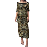 Vintage Tonga Tribal Ngatu Pattern Family Matching Puletasi and Hawaiian Shirt With Pacific Floral Brown Art LT9 Mom's Dress Brown - Polynesian Pride