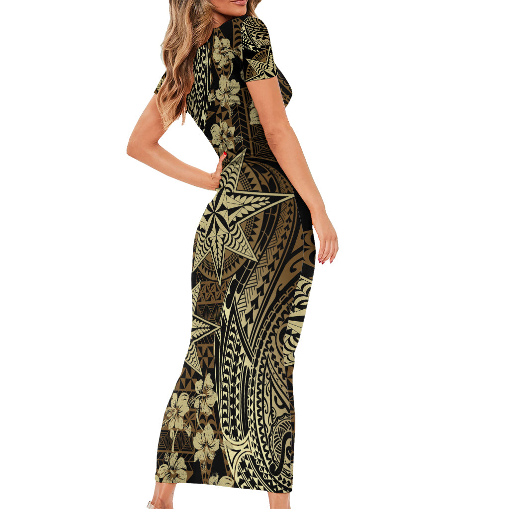 Vintage Tonga Tribal Ngatu Pattern Family Matching Short Sleeve Bodycon Dress and Hawaiian Shirt With Pacific Floral Brown Art LT9 - Polynesian Pride