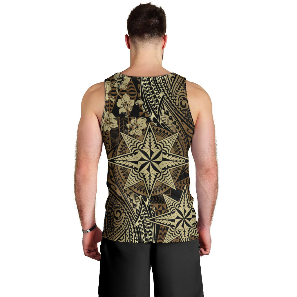 Vintage Tonga Tribal Ngatu Pattern Men Tank Top With Pacific Floral Brown Art