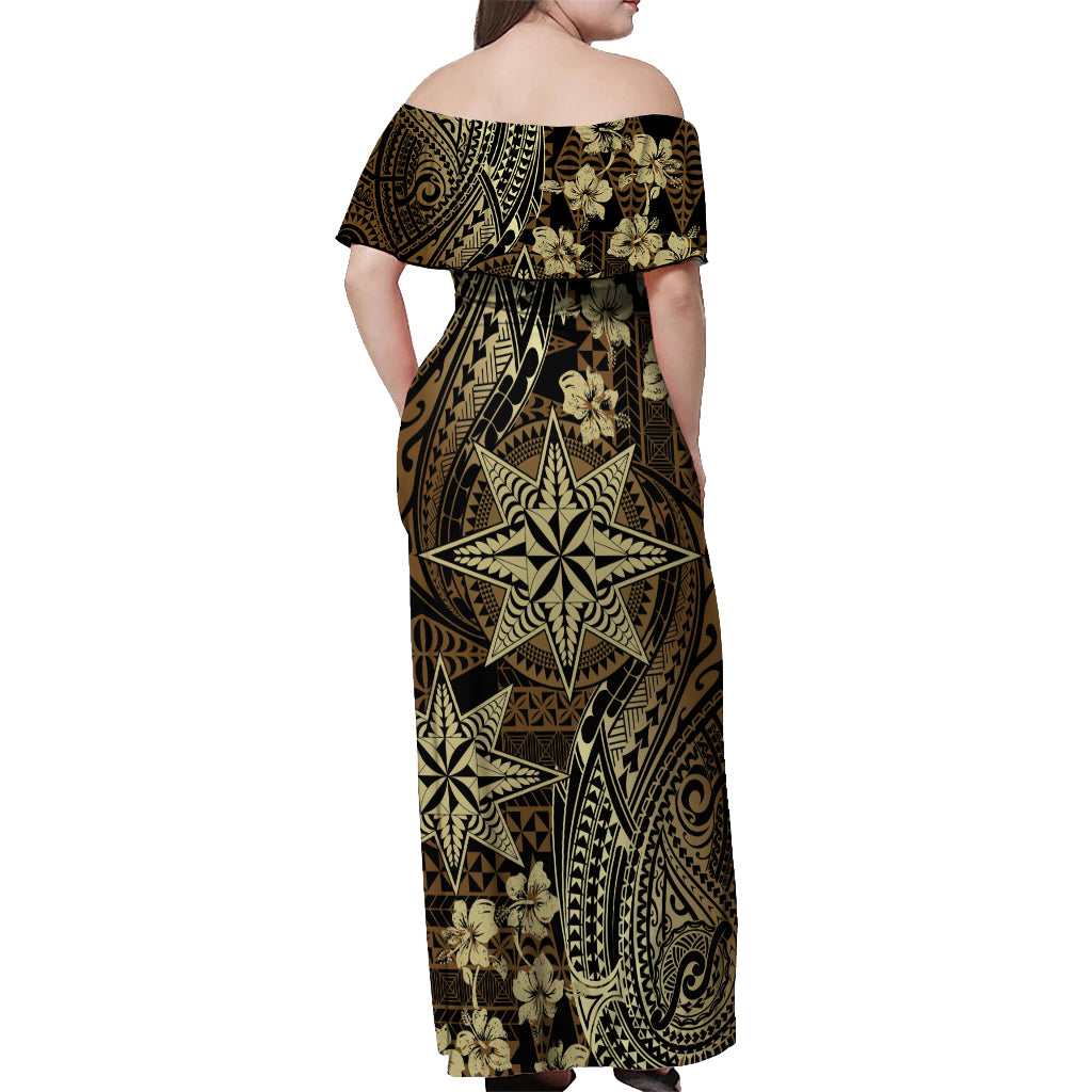 Vintage Tonga Tribal Ngatu Pattern Off Shoulder Maxi Dress With Pacific Floral Brown Art