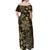 Vintage Tonga Tribal Ngatu Pattern Off Shoulder Maxi Dress With Pacific Floral Brown Art