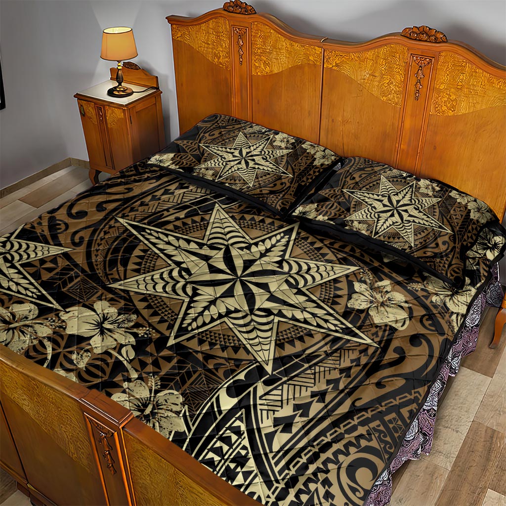Vintage Tonga Tribal Ngatu Pattern Quilt Bed Set With Pacific Floral Brown Art