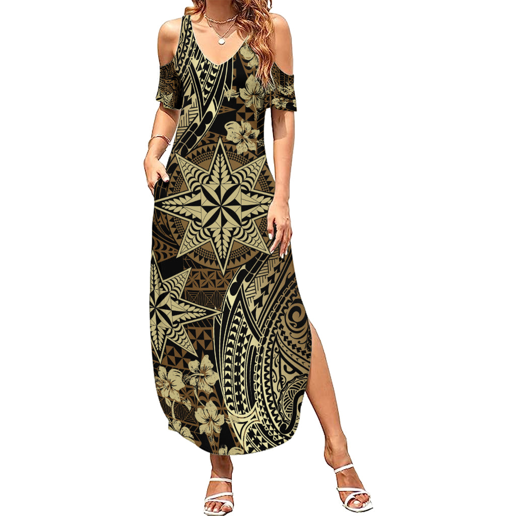 Vintage Tonga Tribal Ngatu Pattern Summer Maxi Dress With Pacific Floral Brown Art