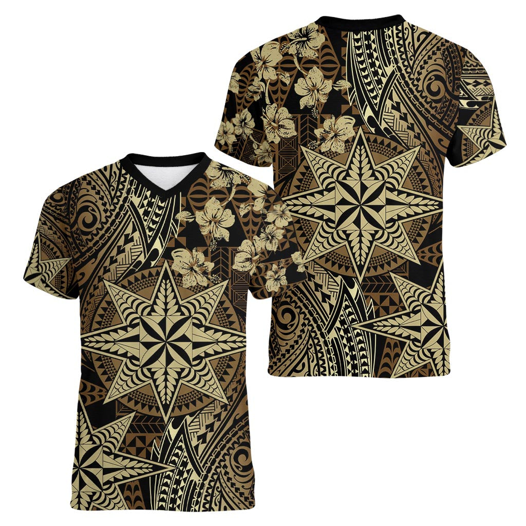 Vintage Tonga Tribal Ngatu Pattern Women V-Neck T-Shirt With Pacific Floral Brown Art
