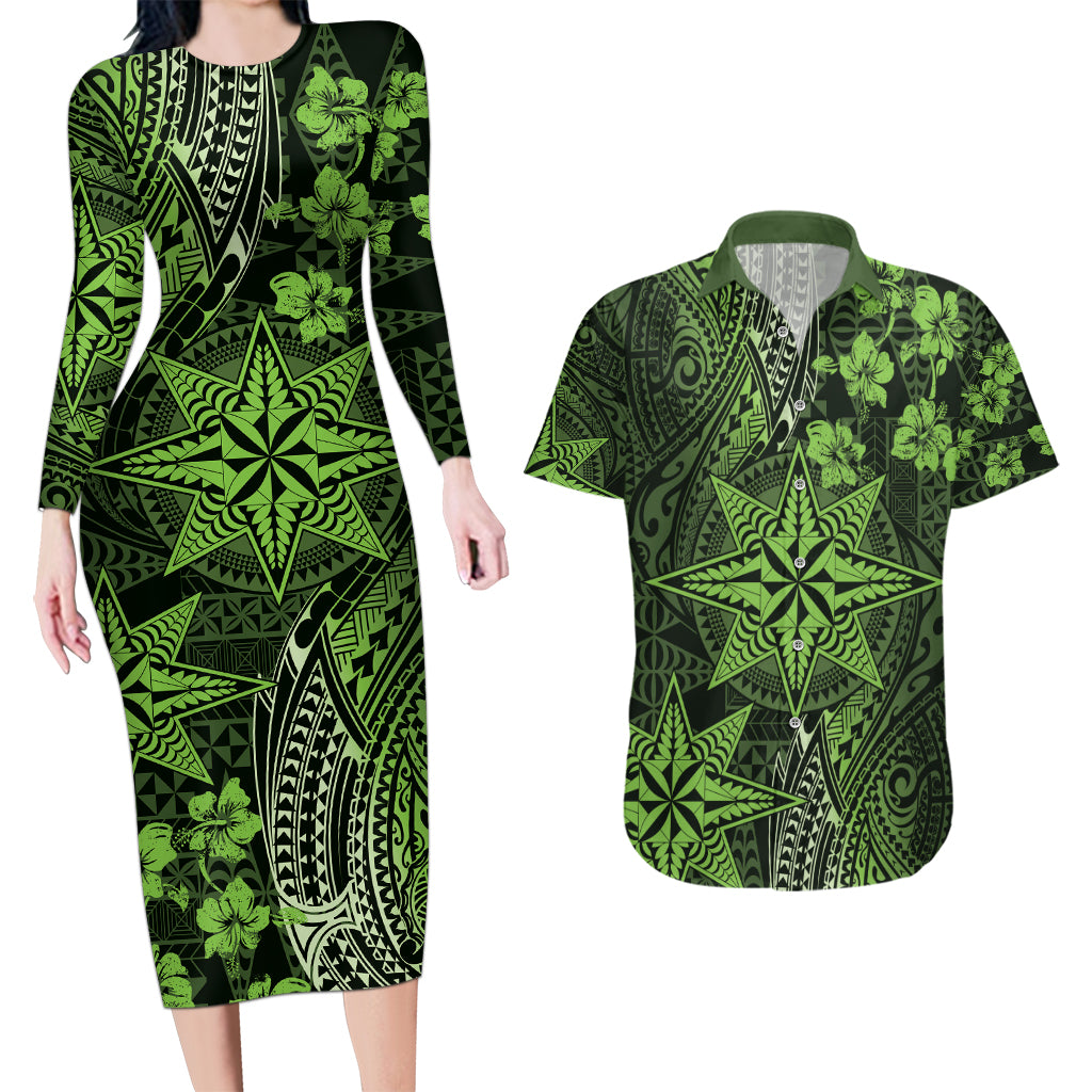 Vintage Tonga Tribal Ngatu Pattern Couples Matching Long Sleeve Bodycon Dress and Hawaiian Shirt With Pacific Floral Lime Green Art LT9 Lime Green - Polynesian Pride