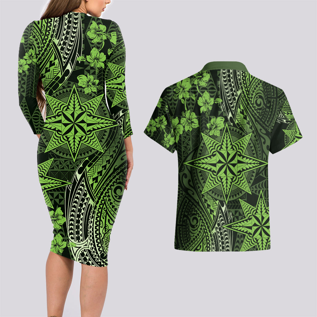 Vintage Tonga Tribal Ngatu Pattern Couples Matching Long Sleeve Bodycon Dress and Hawaiian Shirt With Pacific Floral Lime Green Art LT9 - Polynesian Pride