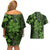 Vintage Tonga Tribal Ngatu Pattern Couples Matching Off Shoulder Short Dress and Hawaiian Shirt With Pacific Floral Lime Green Art