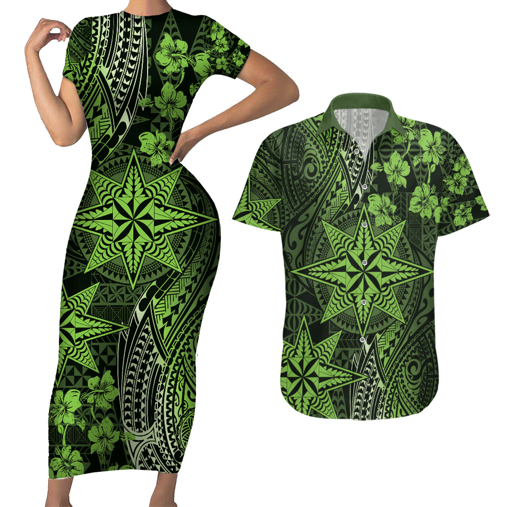 Vintage Tonga Tribal Ngatu Pattern Couples Matching Short Sleeve Bodycon Dress and Hawaiian Shirt With Pacific Floral Lime Green Art LT9 Lime Green - Polynesian Pride
