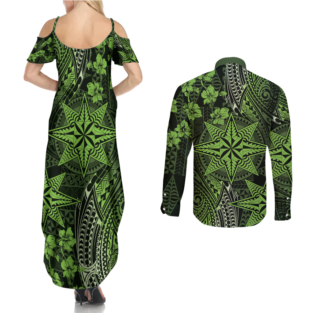 Vintage Tonga Tribal Ngatu Pattern Couples Matching Summer Maxi Dress and Long Sleeve Button Shirt With Pacific Floral Lime Green Art LT9 - Polynesian Pride
