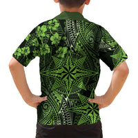 Vintage Tonga Tribal Ngatu Pattern Family Matching Long Sleeve Bodycon Dress and Hawaiian Shirt With Pacific Floral Lime Green Art LT9 - Polynesian Pride
