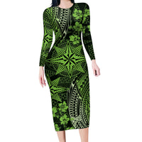 Vintage Tonga Tribal Ngatu Pattern Family Matching Long Sleeve Bodycon Dress and Hawaiian Shirt With Pacific Floral Lime Green Art LT9 Mom's Dress Lime Green - Polynesian Pride