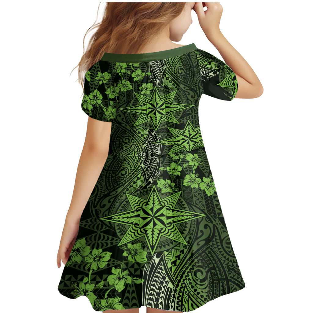 Vintage Tonga Tribal Ngatu Pattern Family Matching Mermaid Dress and Hawaiian Shirt With Pacific Floral Lime Green Art LT9 - Polynesian Pride