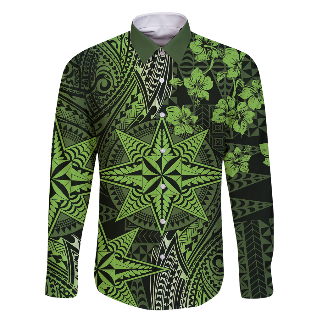 Vintage Tonga Tribal Ngatu Pattern Family Matching Mermaid Dress and Hawaiian Shirt With Pacific Floral Lime Green Art LT9 Dad's Shirt - Long Sleeve Lime Green - Polynesian Pride