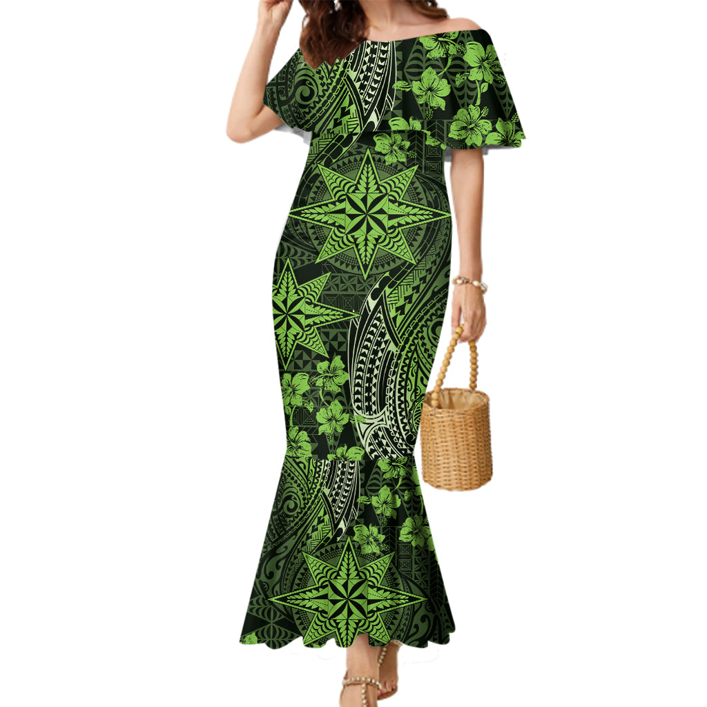 Vintage Tonga Tribal Ngatu Pattern Family Matching Mermaid Dress and Hawaiian Shirt With Pacific Floral Lime Green Art LT9 Mom's Dress Lime Green - Polynesian Pride