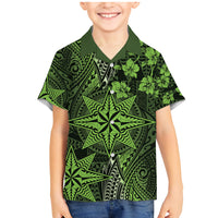 Vintage Tonga Tribal Ngatu Pattern Family Matching Mermaid Dress and Hawaiian Shirt With Pacific Floral Lime Green Art LT9 Son's Shirt Lime Green - Polynesian Pride