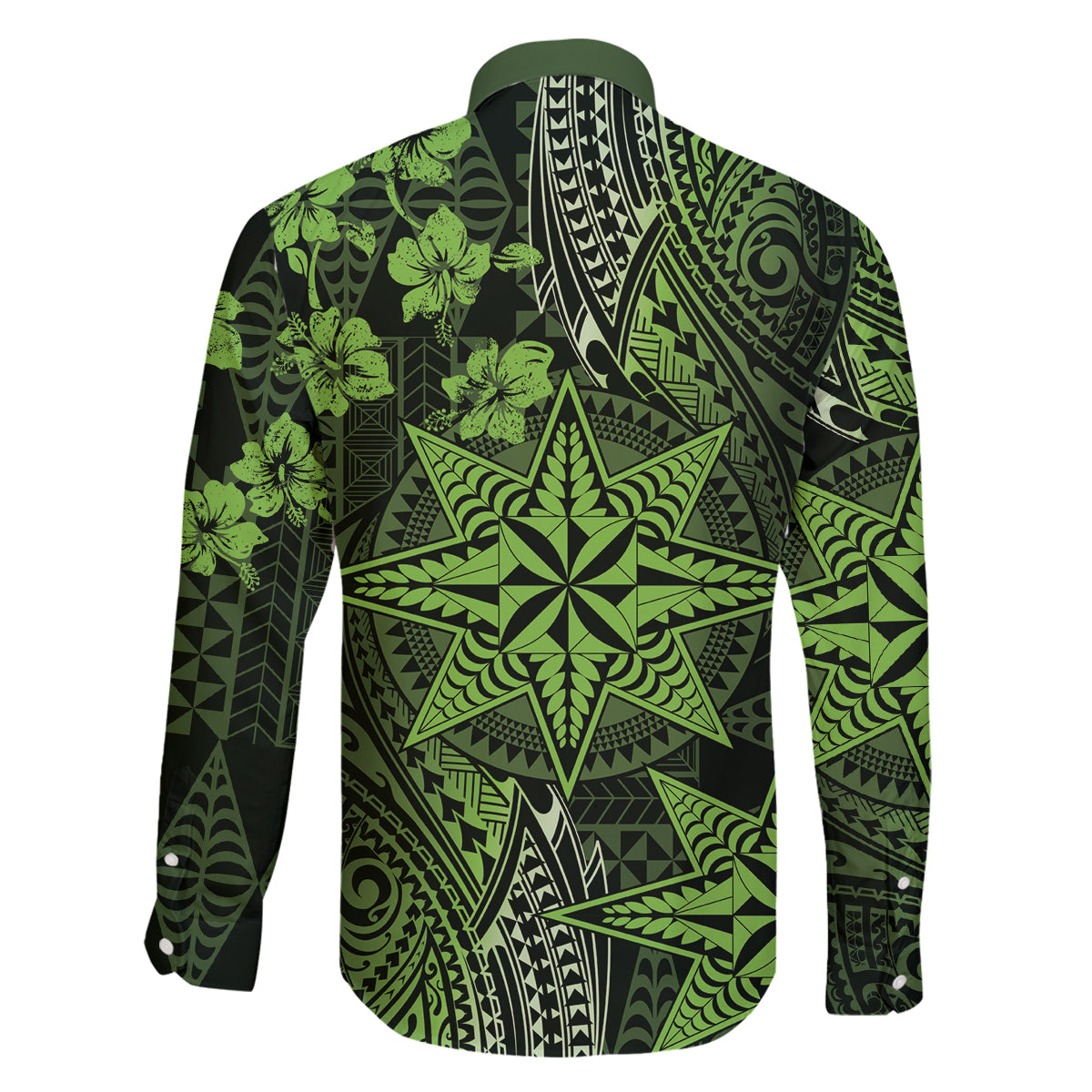 Vintage Tonga Tribal Ngatu Pattern Family Matching Off The Shoulder Long Sleeve Dress and Hawaiian Shirt With Pacific Floral Lime Green Art