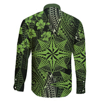 Vintage Tonga Tribal Ngatu Pattern Family Matching Off The Shoulder Long Sleeve Dress and Hawaiian Shirt With Pacific Floral Lime Green Art