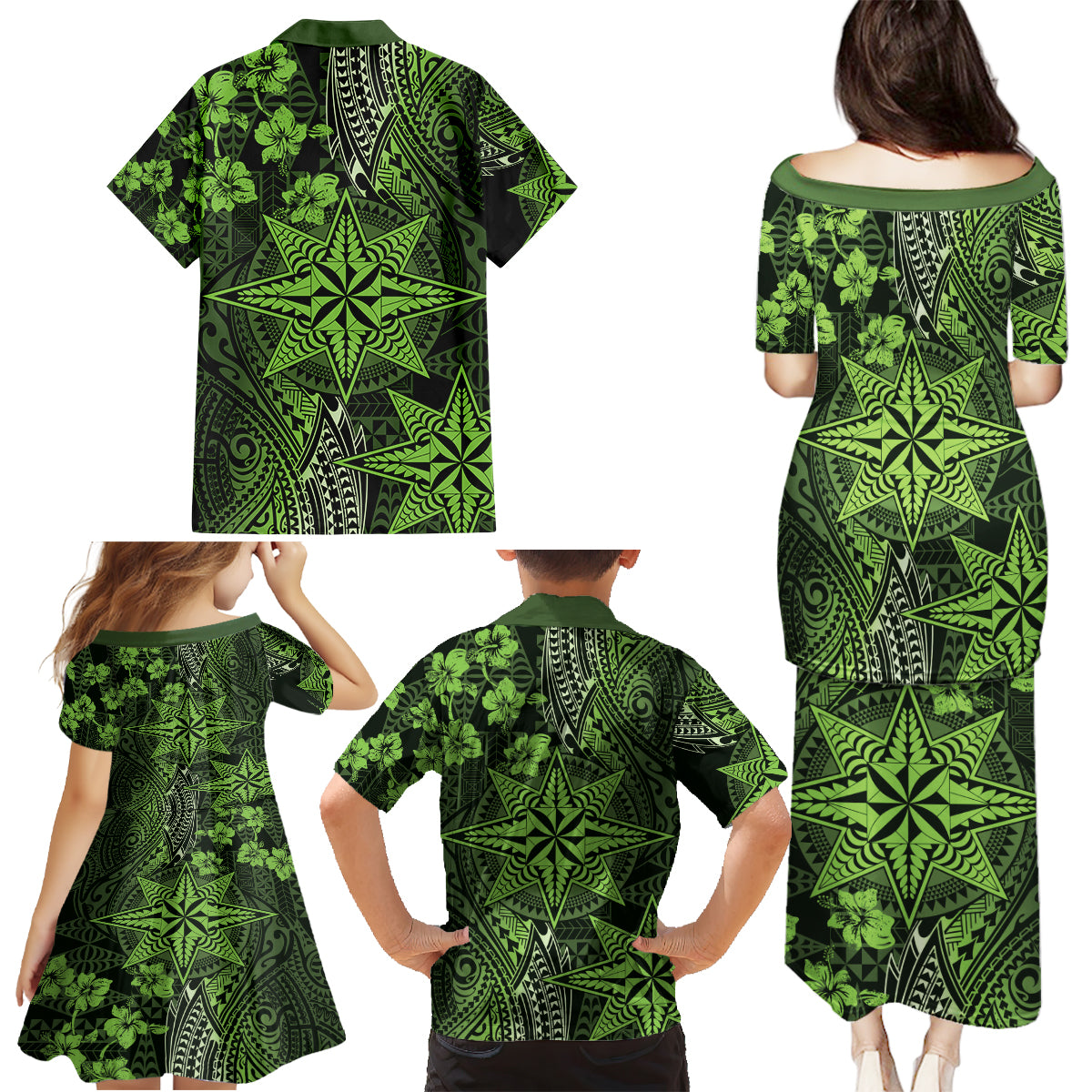 Vintage Tonga Tribal Ngatu Pattern Family Matching Puletasi and Hawaiian Shirt With Pacific Floral Lime Green Art LT9 - Polynesian Pride