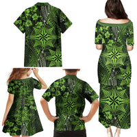 Vintage Tonga Tribal Ngatu Pattern Family Matching Puletasi and Hawaiian Shirt With Pacific Floral Lime Green Art LT9 - Polynesian Pride
