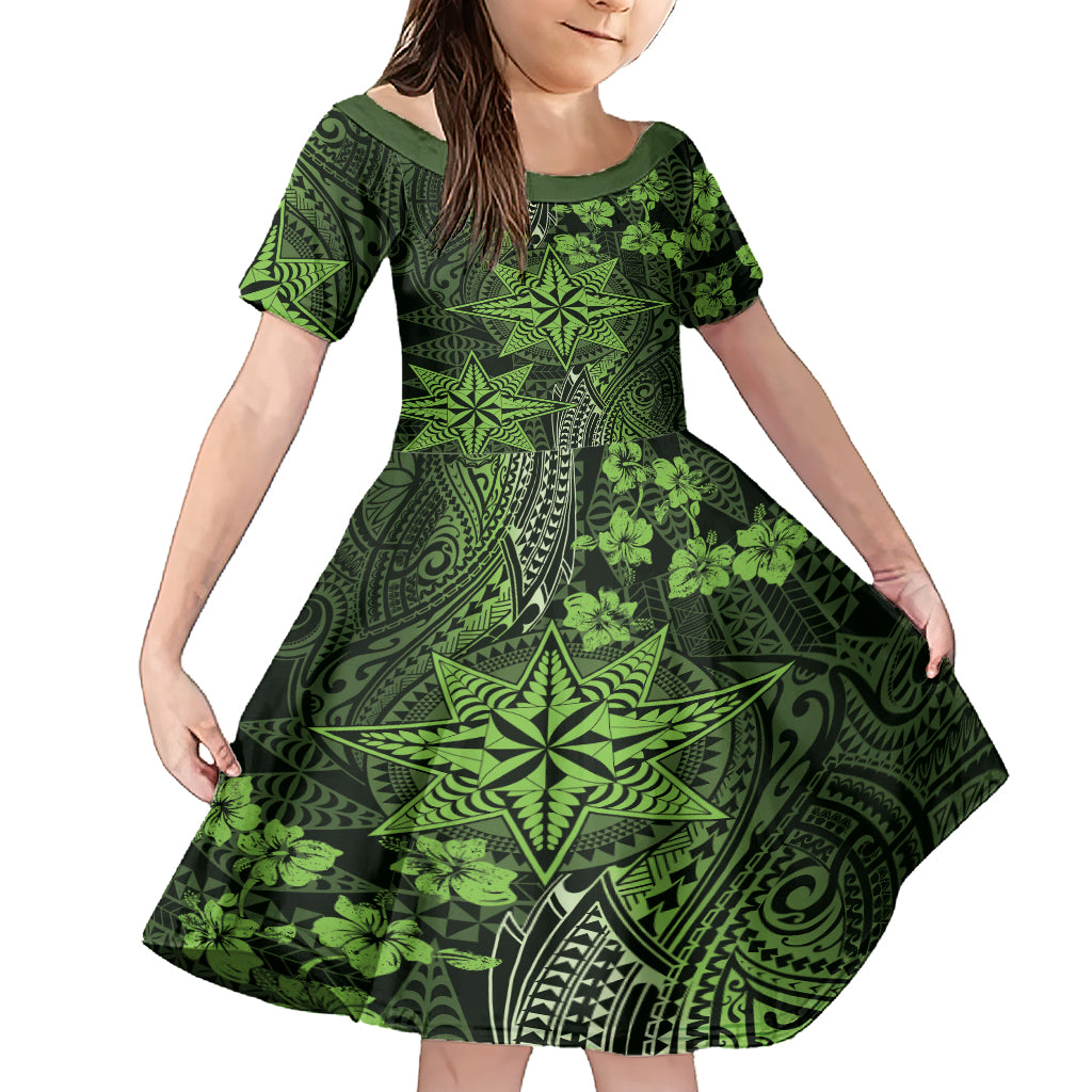 Vintage Tonga Tribal Ngatu Pattern Family Matching Short Sleeve Bodycon Dress and Hawaiian Shirt With Pacific Floral Lime Green Art LT9 Daughter's Dress Lime Green - Polynesian Pride