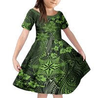 Vintage Tonga Tribal Ngatu Pattern Family Matching Short Sleeve Bodycon Dress and Hawaiian Shirt With Pacific Floral Lime Green Art LT9 Daughter's Dress Lime Green - Polynesian Pride