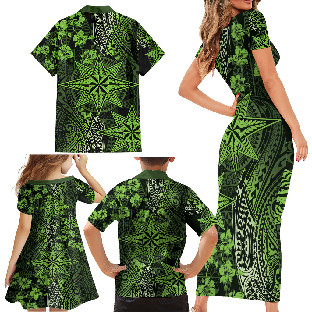 Vintage Tonga Tribal Ngatu Pattern Family Matching Short Sleeve Bodycon Dress and Hawaiian Shirt With Pacific Floral Lime Green Art LT9 - Polynesian Pride
