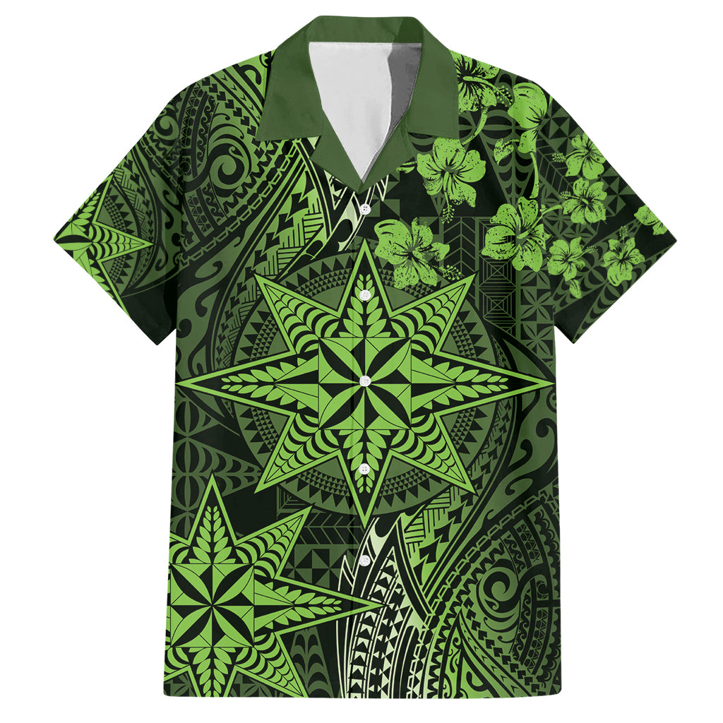 Vintage Tonga Tribal Ngatu Pattern Family Matching Short Sleeve Bodycon Dress and Hawaiian Shirt With Pacific Floral Lime Green Art LT9 Dad's Shirt - Short Sleeve Lime Green - Polynesian Pride