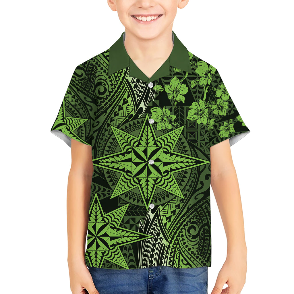 Vintage Tonga Tribal Ngatu Pattern Family Matching Short Sleeve Bodycon Dress and Hawaiian Shirt With Pacific Floral Lime Green Art LT9 Son's Shirt Lime Green - Polynesian Pride