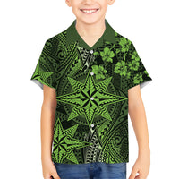 Vintage Tonga Tribal Ngatu Pattern Family Matching Short Sleeve Bodycon Dress and Hawaiian Shirt With Pacific Floral Lime Green Art LT9 Son's Shirt Lime Green - Polynesian Pride
