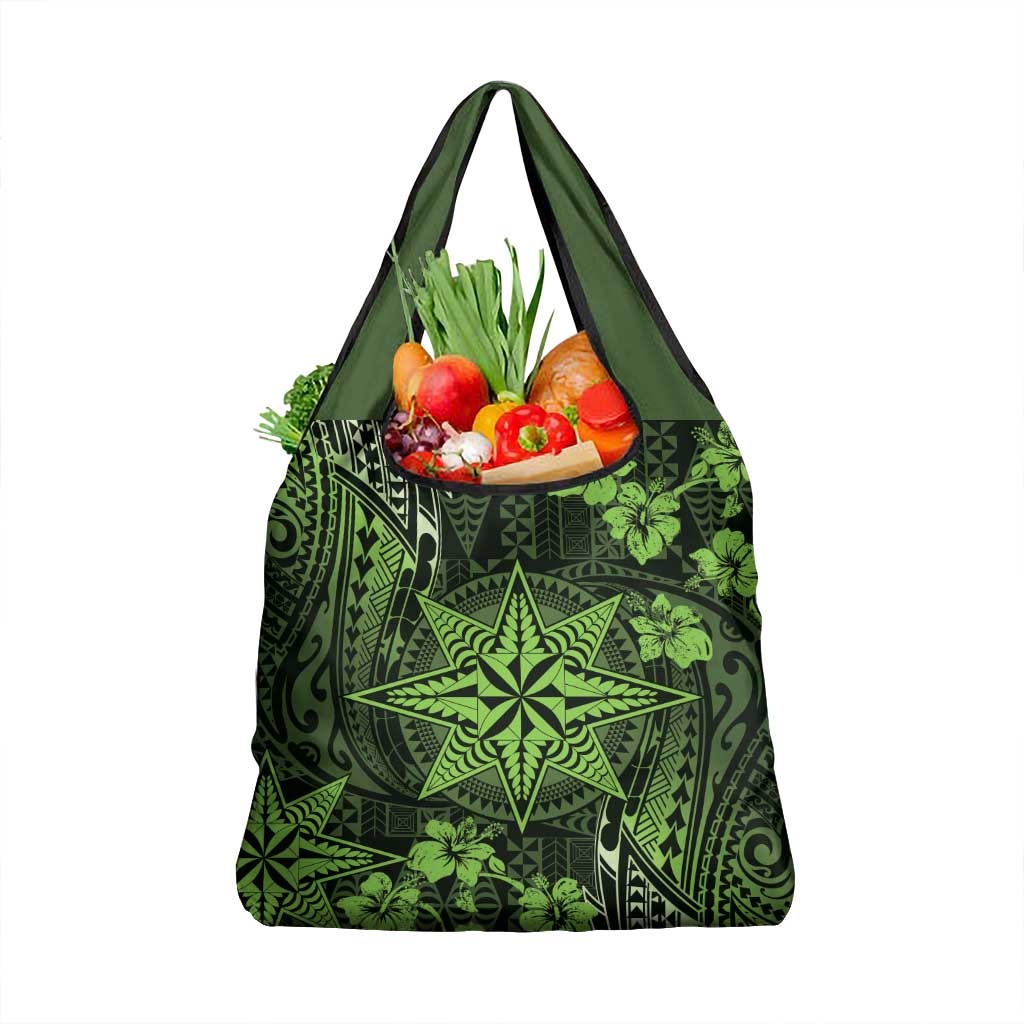 Vintage Tonga Tribal Ngatu Pattern Grocery Bag With Pacific Floral Lime Green Art