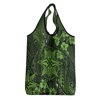 Vintage Tonga Tribal Ngatu Pattern Grocery Bag With Pacific Floral Lime Green Art
