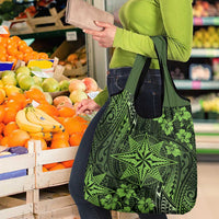 Vintage Tonga Tribal Ngatu Pattern Grocery Bag With Pacific Floral Lime Green Art