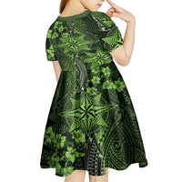 Vintage Tonga Tribal Ngatu Pattern Kid Short Sleeve Dress With Pacific Floral Lime Green Art