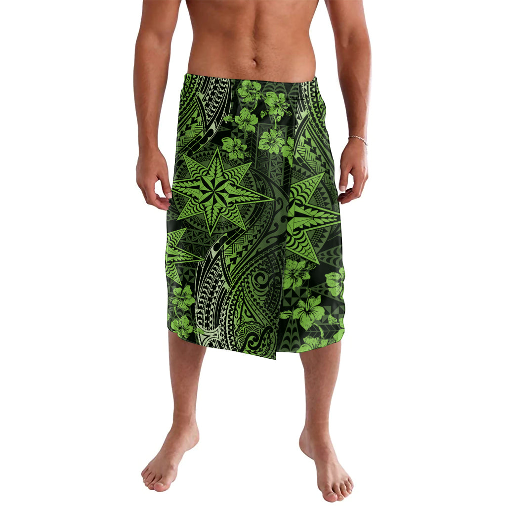 Vintage Tonga Tribal Ngatu Pattern Lavalava With Pacific Floral Lime Green Art