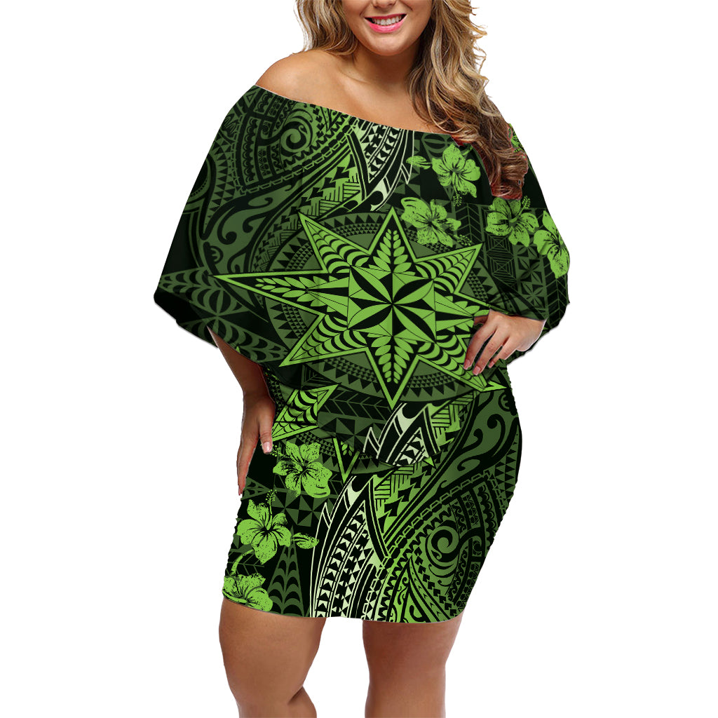 Vintage Tonga Tribal Ngatu Pattern Off Shoulder Short Dress With Pacific Floral Lime Green Art