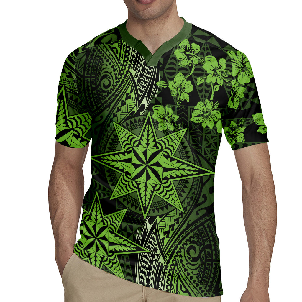 Vintage Tonga Tribal Ngatu Pattern Rugby Jersey With Pacific Floral Lime Green Art