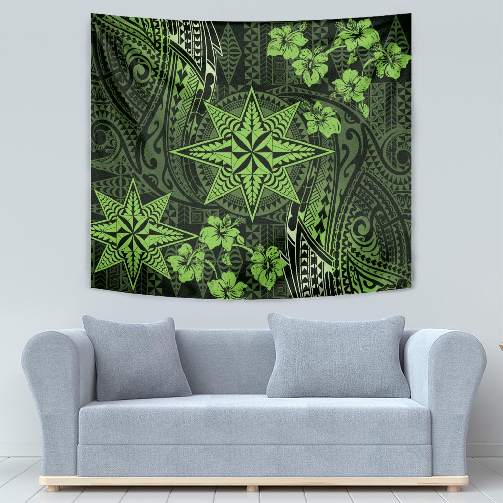Vintage Tonga Tribal Ngatu Pattern Tapestry With Pacific Floral Lime Green Art